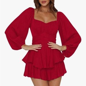 Red Jumpsuit Lantern Long Sleeve Ruffle Layer Tie Mini Short Romper